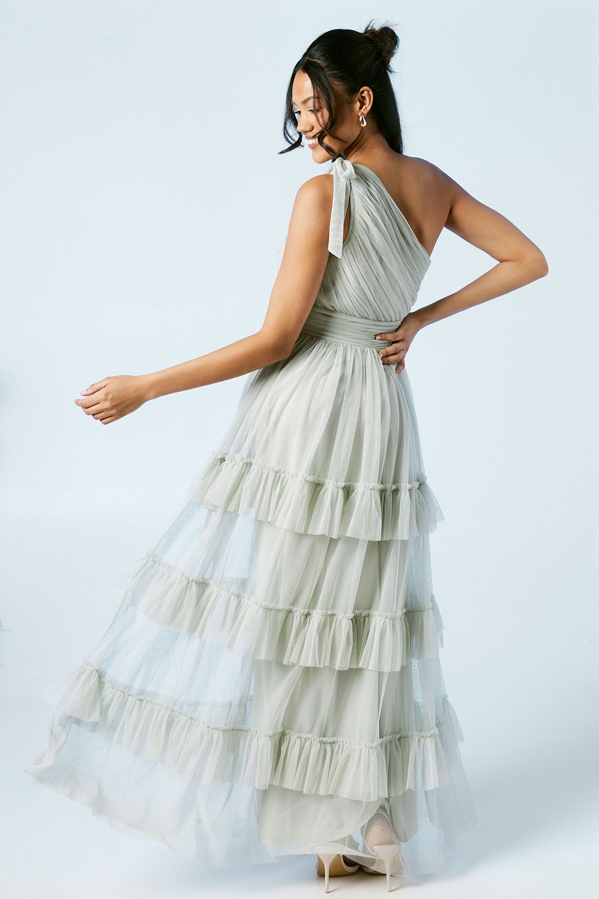 Oasis Pleated Mesh One Shoulder Tiered Maxi Bridesmaid Maxi Dress Sage image 3