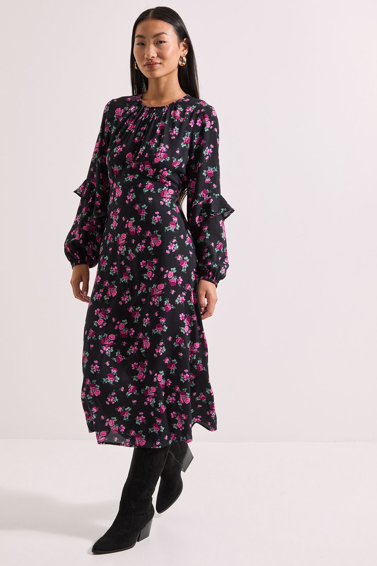 Dorothy Perkins Petite Black Floral Ruffle Blouson Sleeve Empire Seam Midi Dress Floral image 2