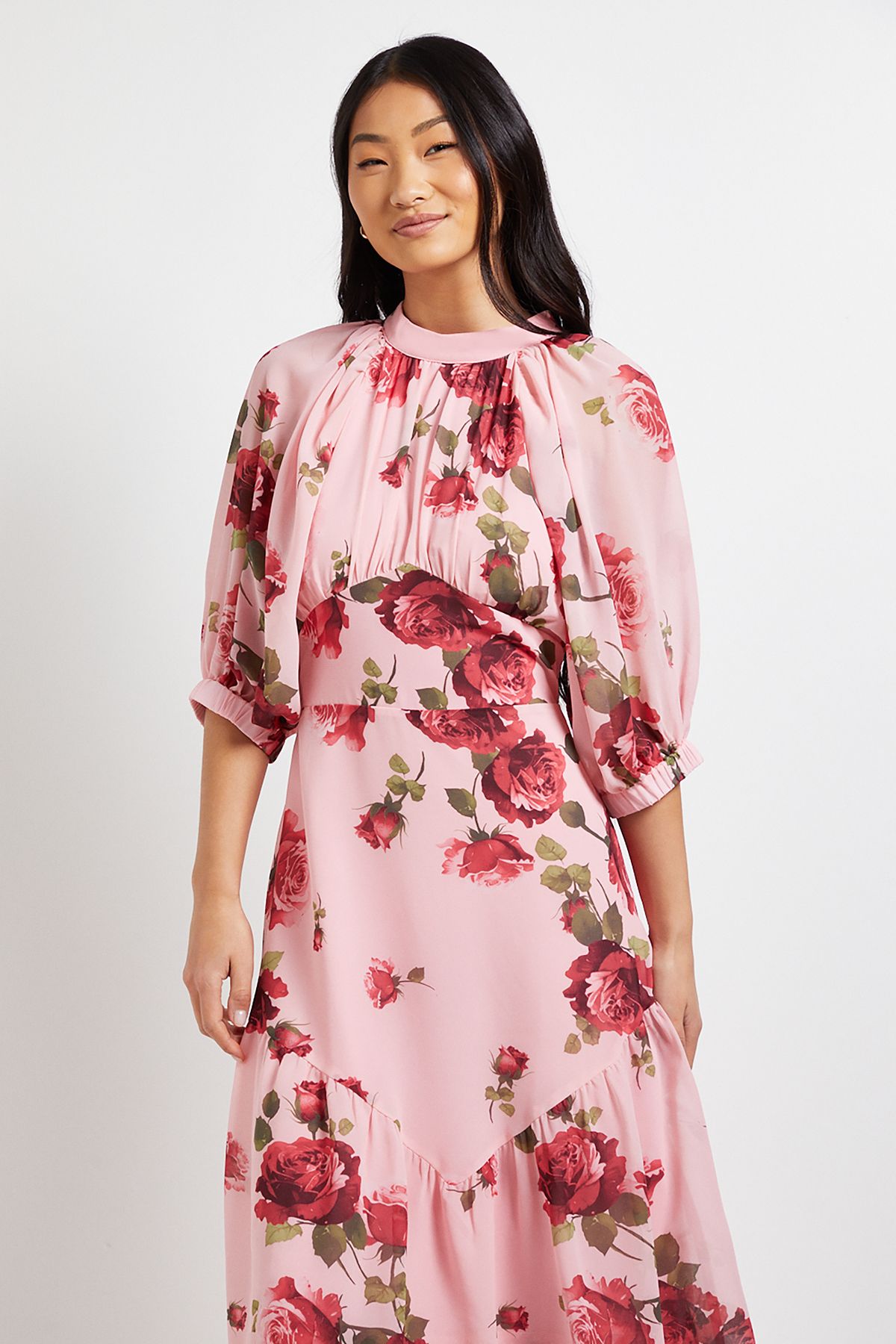 Dorothy Perkins DP Luxe Petite Printed Floral Chiffon Empire Waist Tiered Frill Maxi Dress Pink image 2
