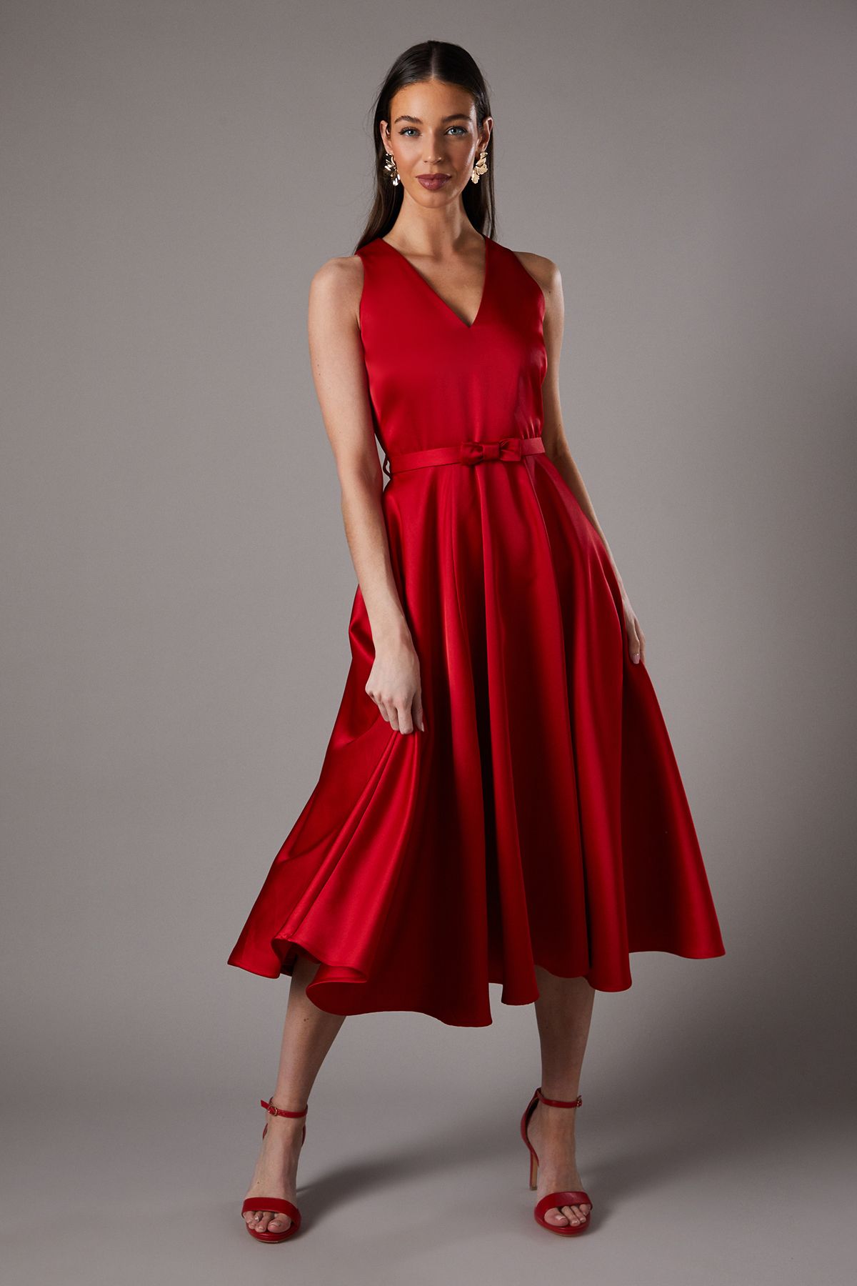Coast Bow Trim V Neck Volume Skirt Midi Dress Red image 1