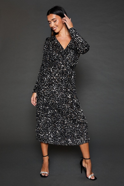 Dorothy Perkins Velvet Sequin Wrap Midi Dress Silver