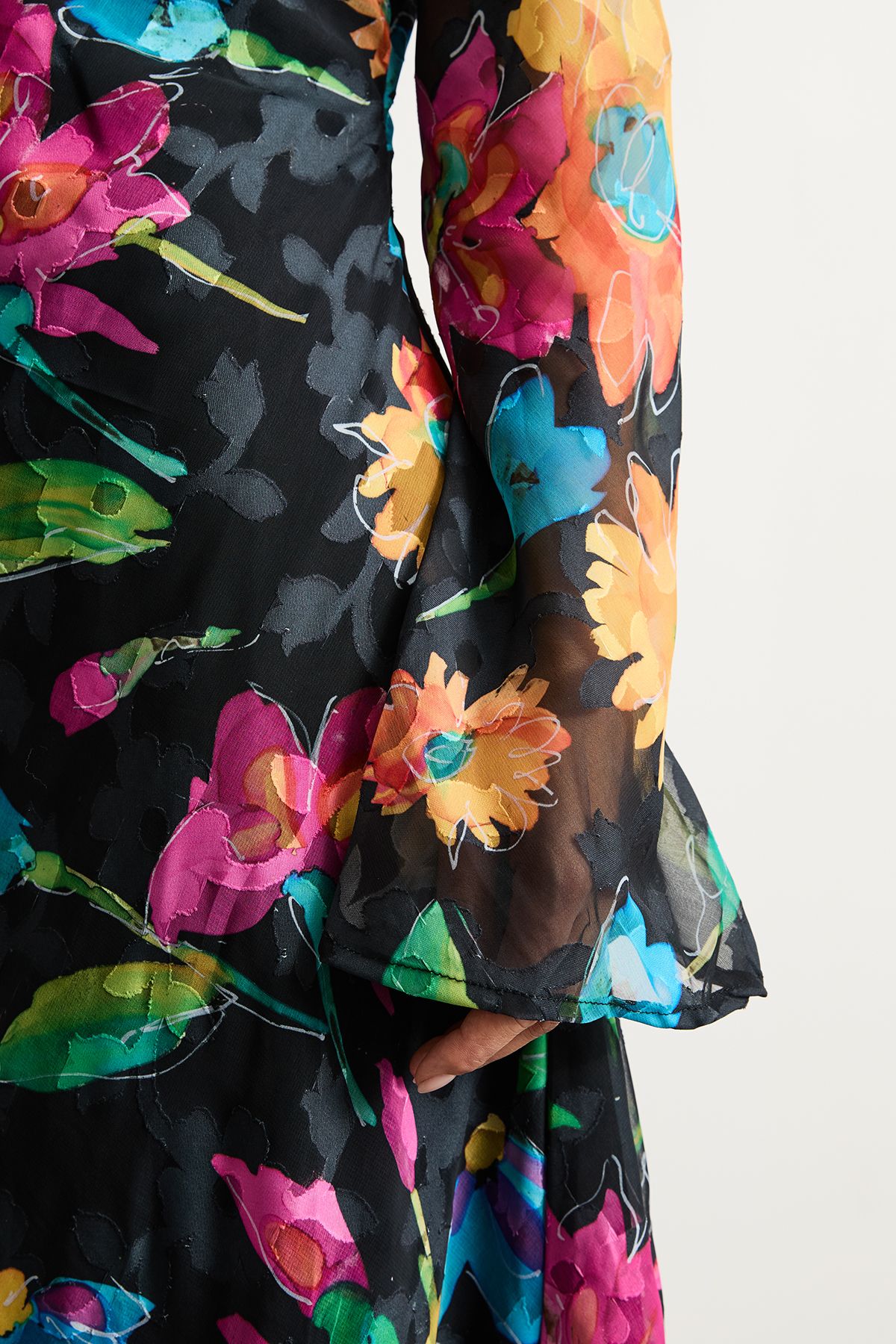 Warehouse Petite Burnout Floral Chiffon Slash Neck Bias Midi Dress Black image 4