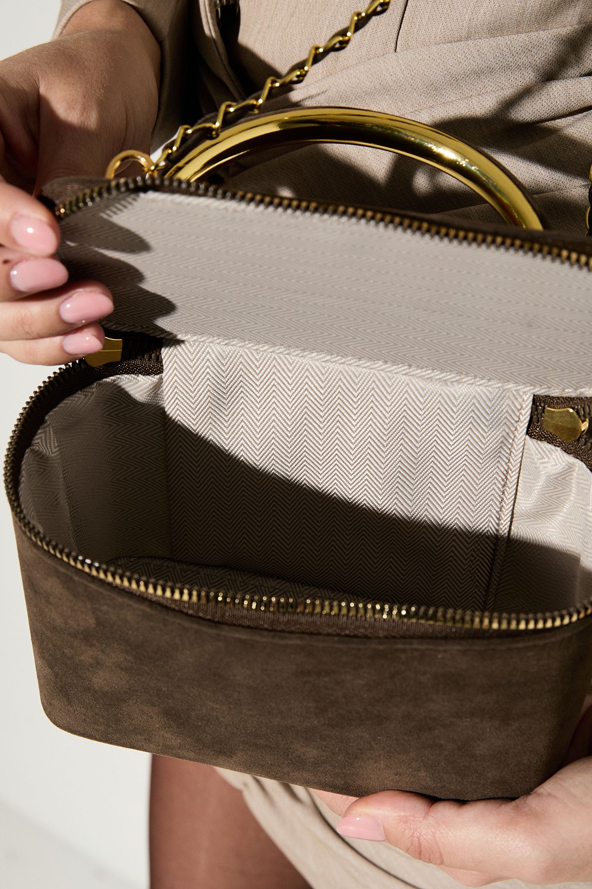 MissPap Faux Suede Grab Bag With Crossbody Chain Strap Khaki image 3