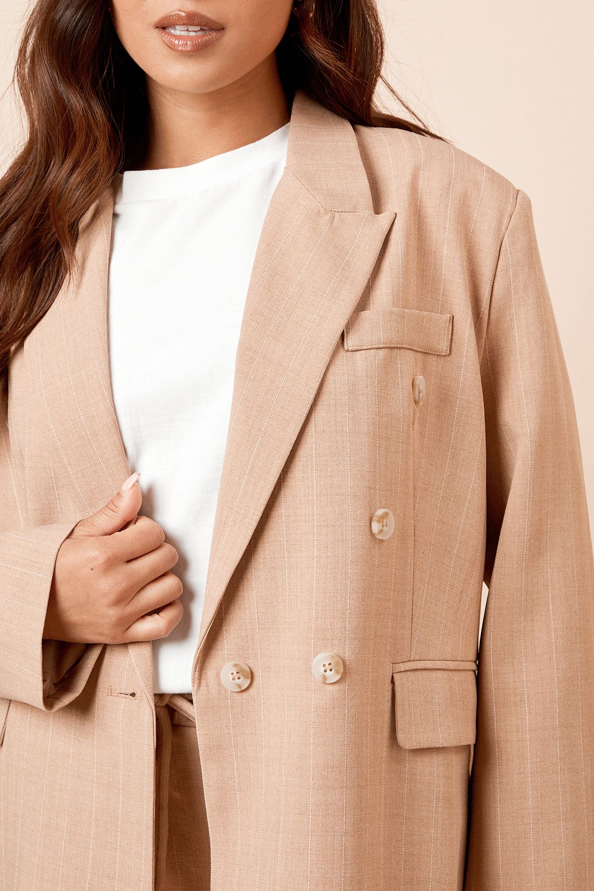 Dorothy Perkins Petite Oversized Double Breasted Stripe Blazer Camel image 4