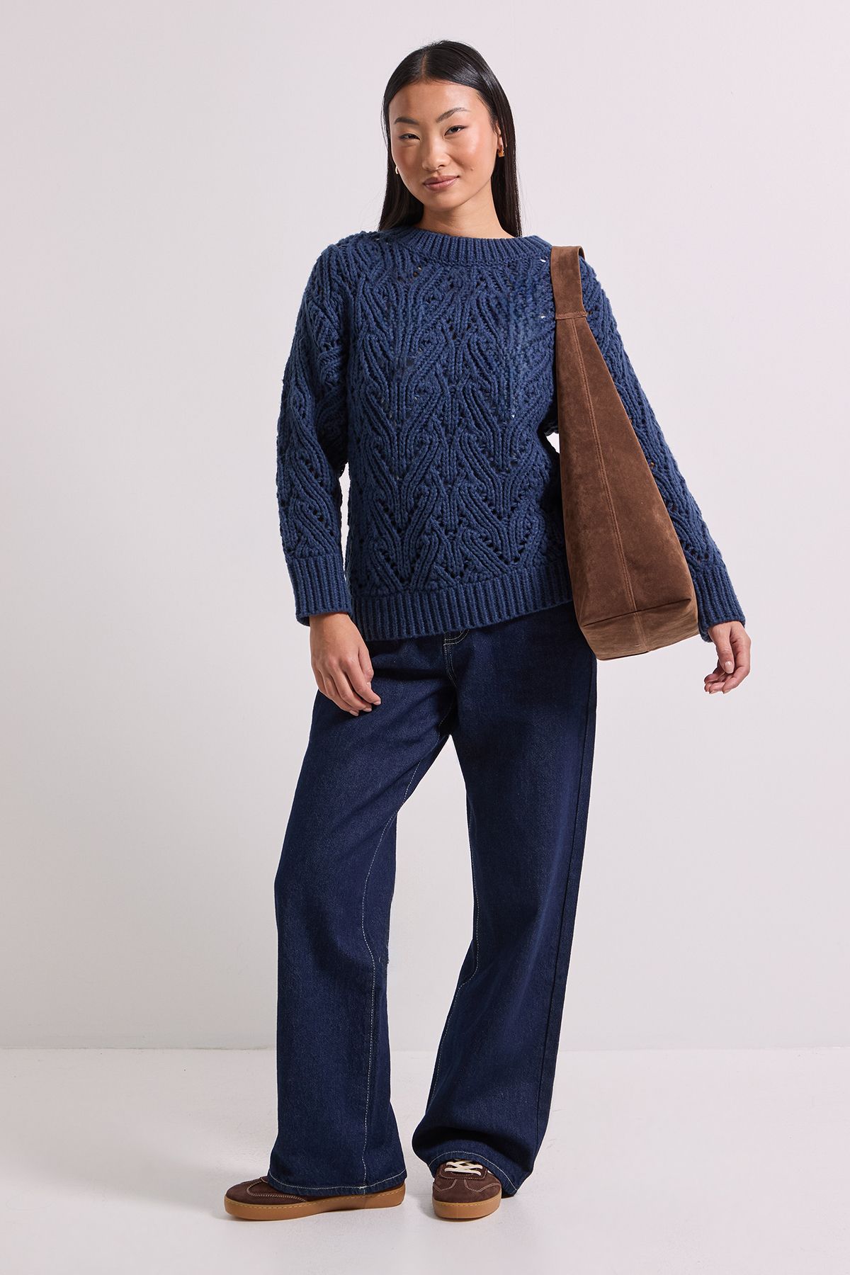 Dorothy Perkins Petite Cable Pointelle Crew Neck Jumper Navy image 3