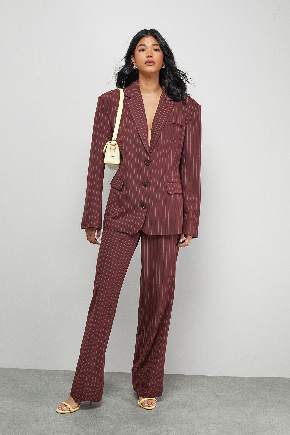 Warehouse Pinstripe Oversized Grandad Blazer Co-ord Choc Brown image 2
