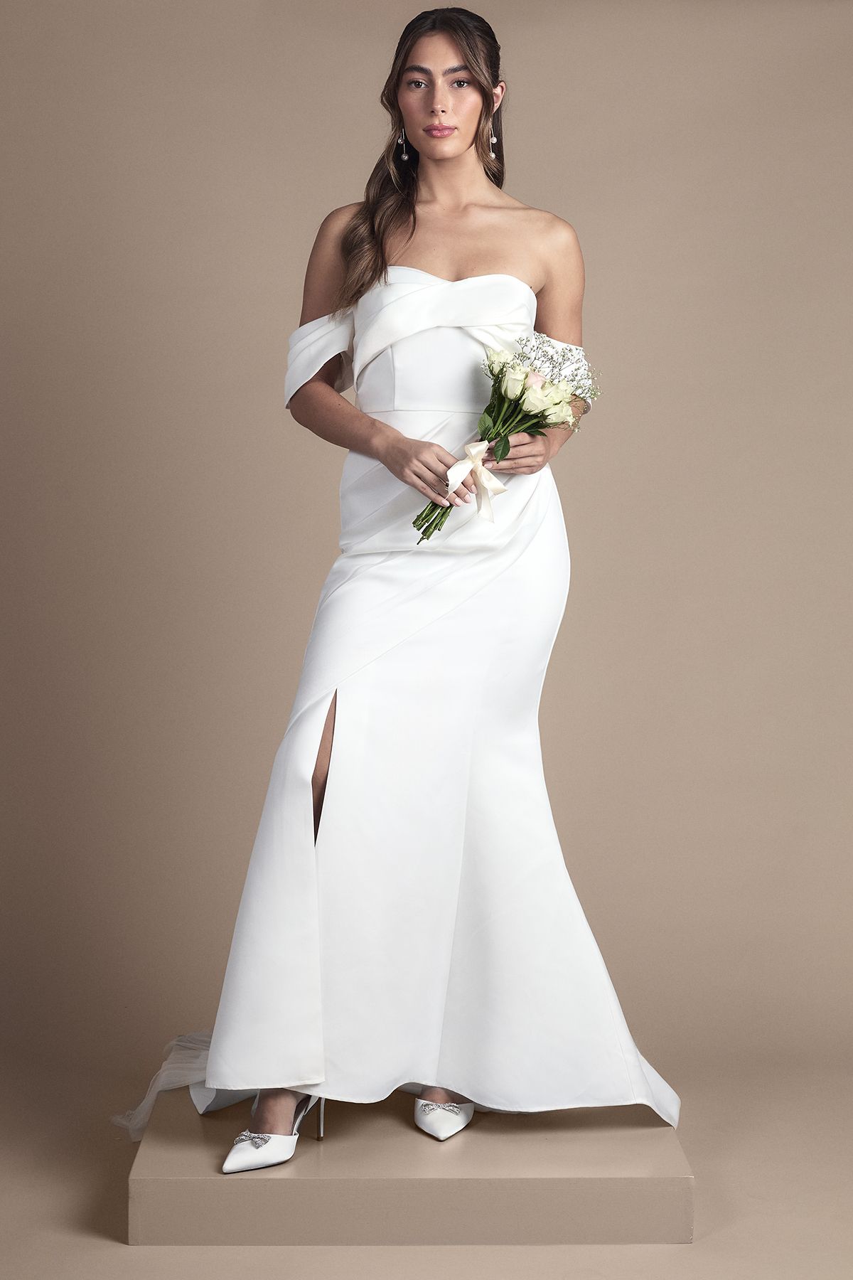 Coast Bardot Twist Structured Satin Maxi Wedding Dress with Fishtail Train White image 1