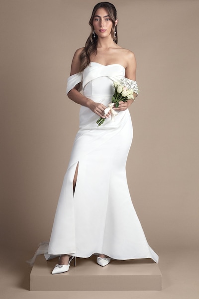 Coast Bardot Twist Structured Satin Maxi Wedding Dress with Fishtail Train White