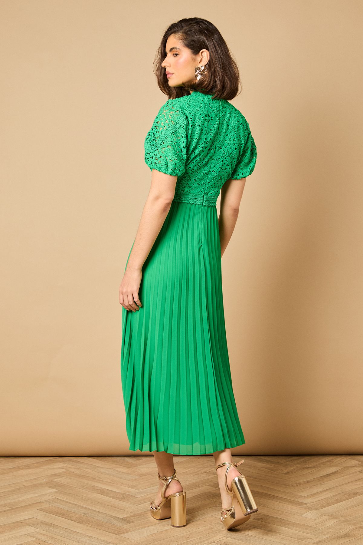 Oasis Lace Puff Sleeve Pleated Midi Dress Bright Green image 4
