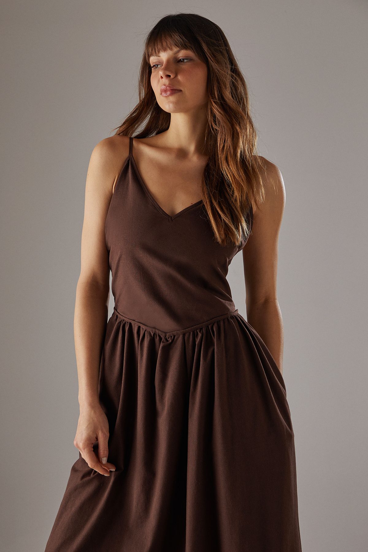 Warehouse Linen Blend Plunge Neck Midi Sundress Chocolate image 2