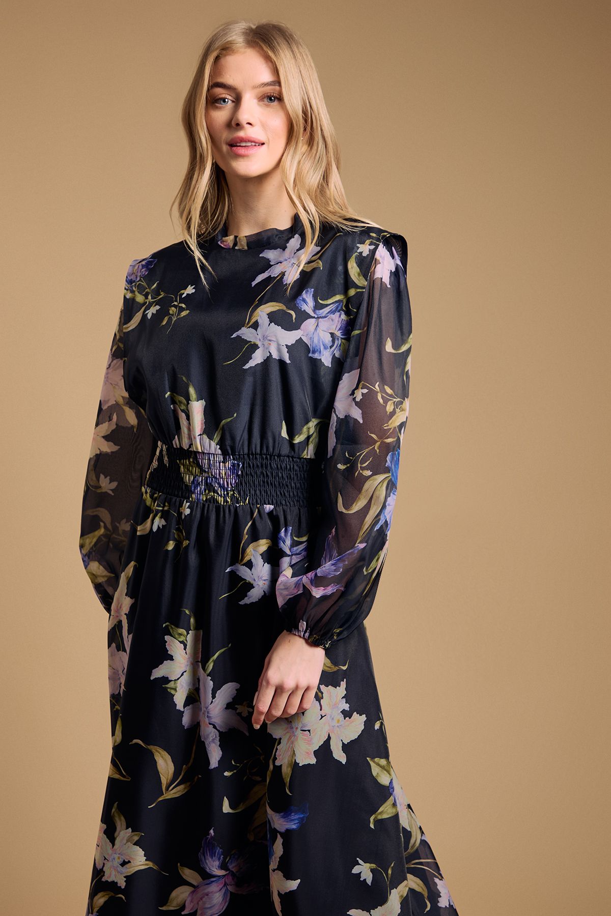 Oasis Floral Organza Shirred Waist Midi Dress Navy image 2