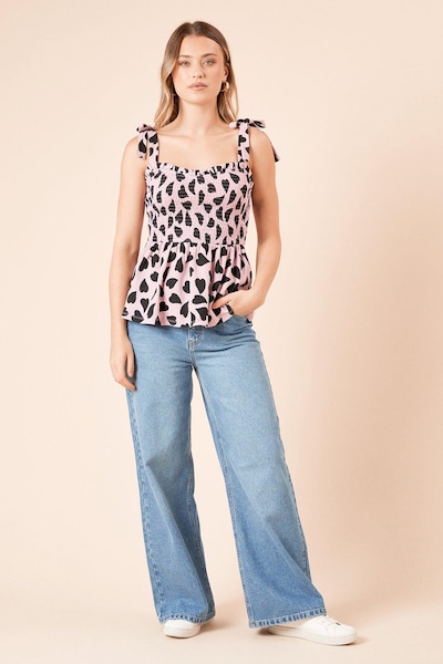 Dorothy Perkins Heart Print Tie Shoulder Shirred Bodice Peplum Jersey Top Pink