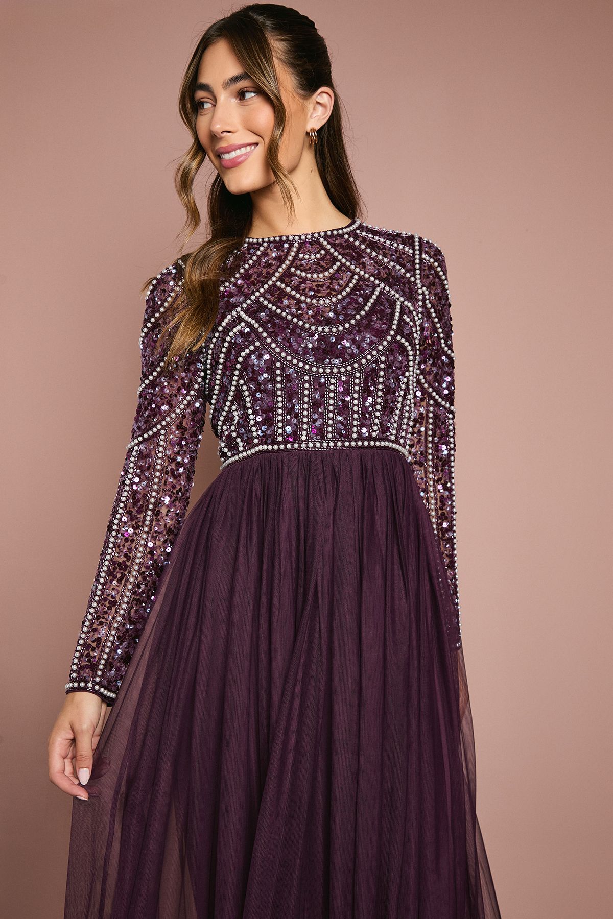 Coast Coast Honoured Long Sleeve Sequin Bodice Tulle Skirt Maxi Bridesmaid Dress Fig image 2