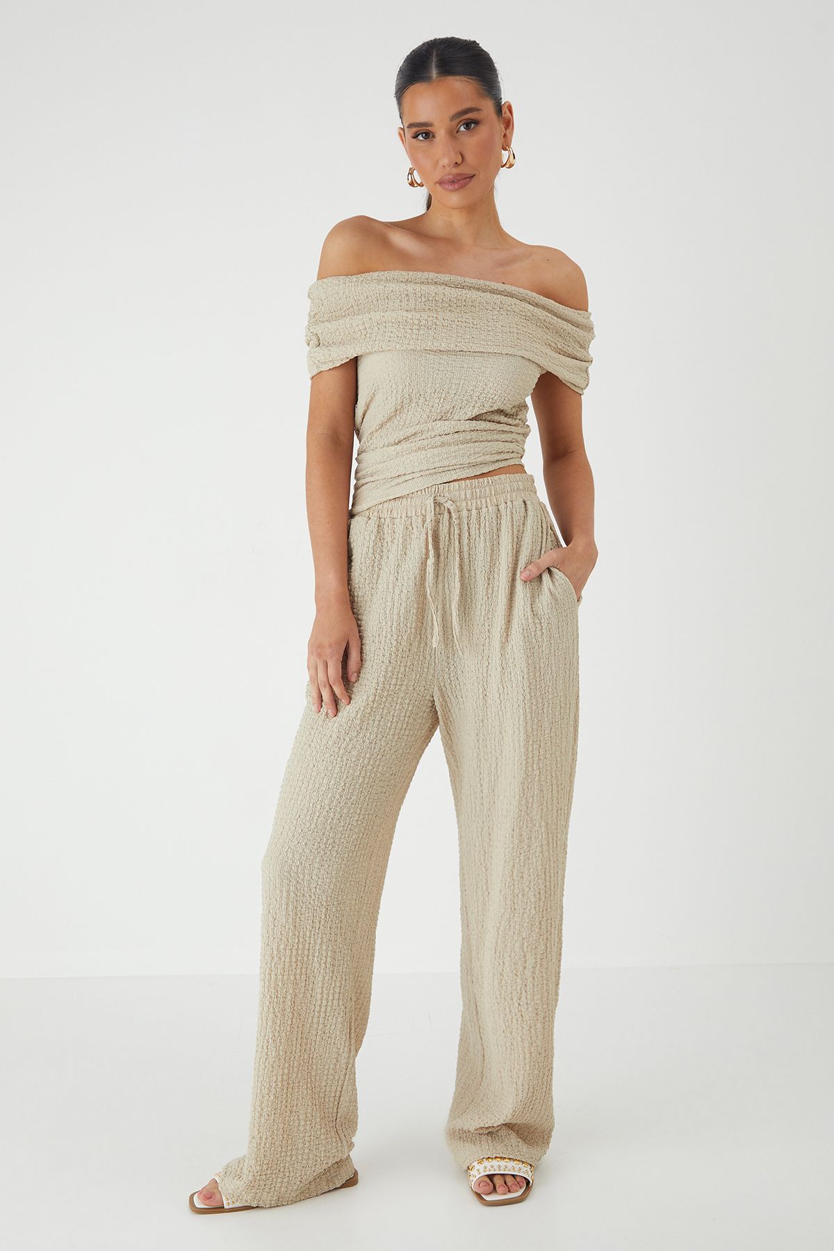 MissPap Crinkle Textured Wide Leg Trousers Stone image 1