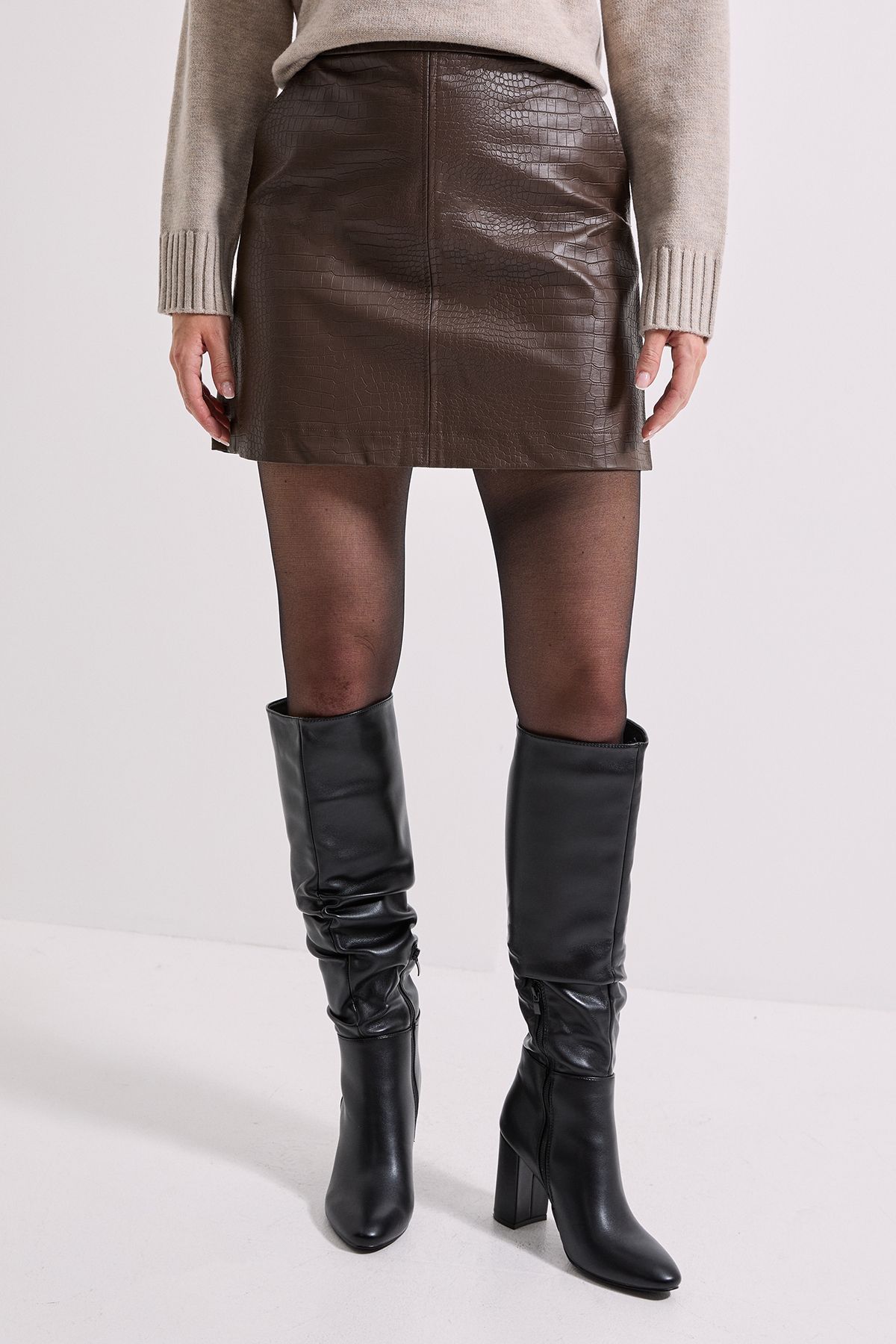 Dorothy Perkins Croc Faux Leather Mini Skirt Chocolate image 1