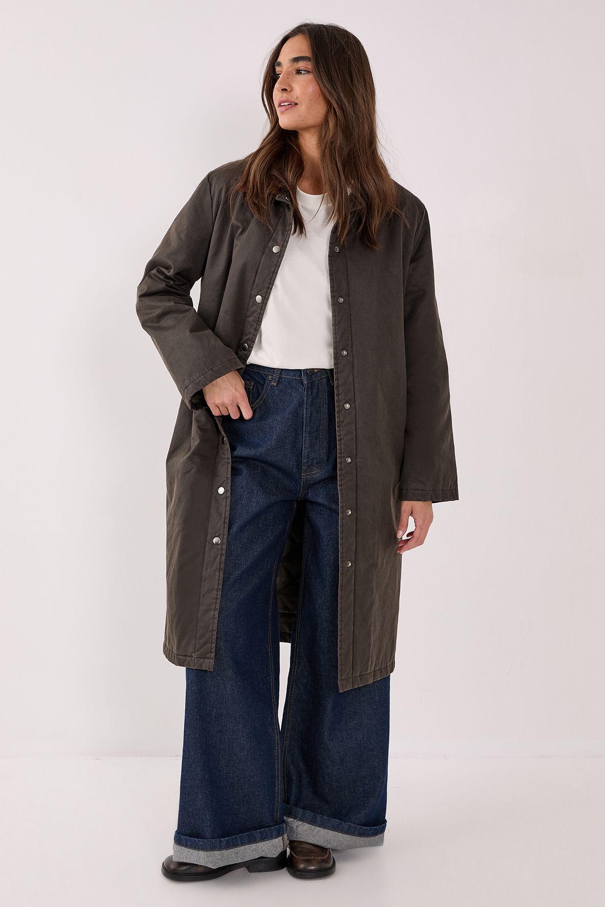 NastyGal Longline Cord Collar Wax Effect Coat Brown image 4