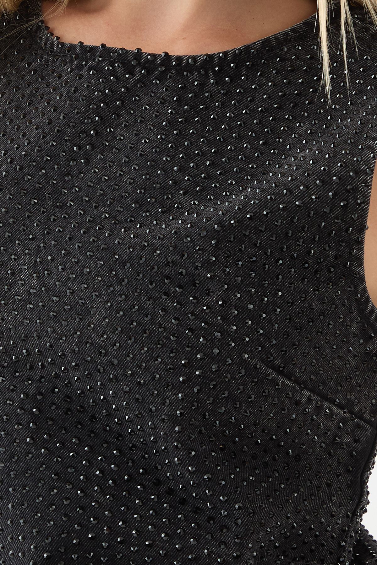 MissPap Diamante Embellished Racer Neck Denim Mini Dress Washed Black image 5