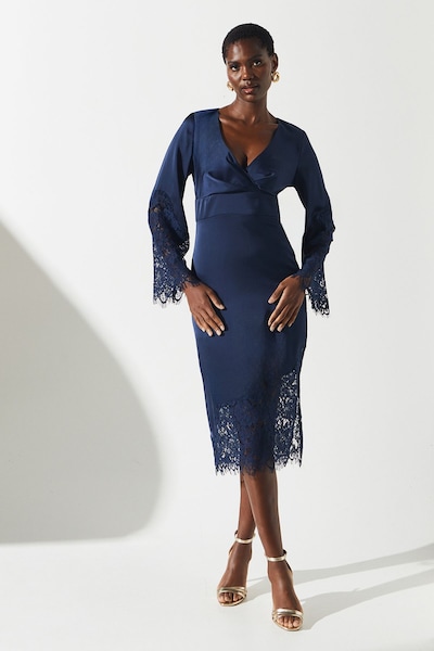 Coast Lace Panelled Satin Wrap Dress Navy