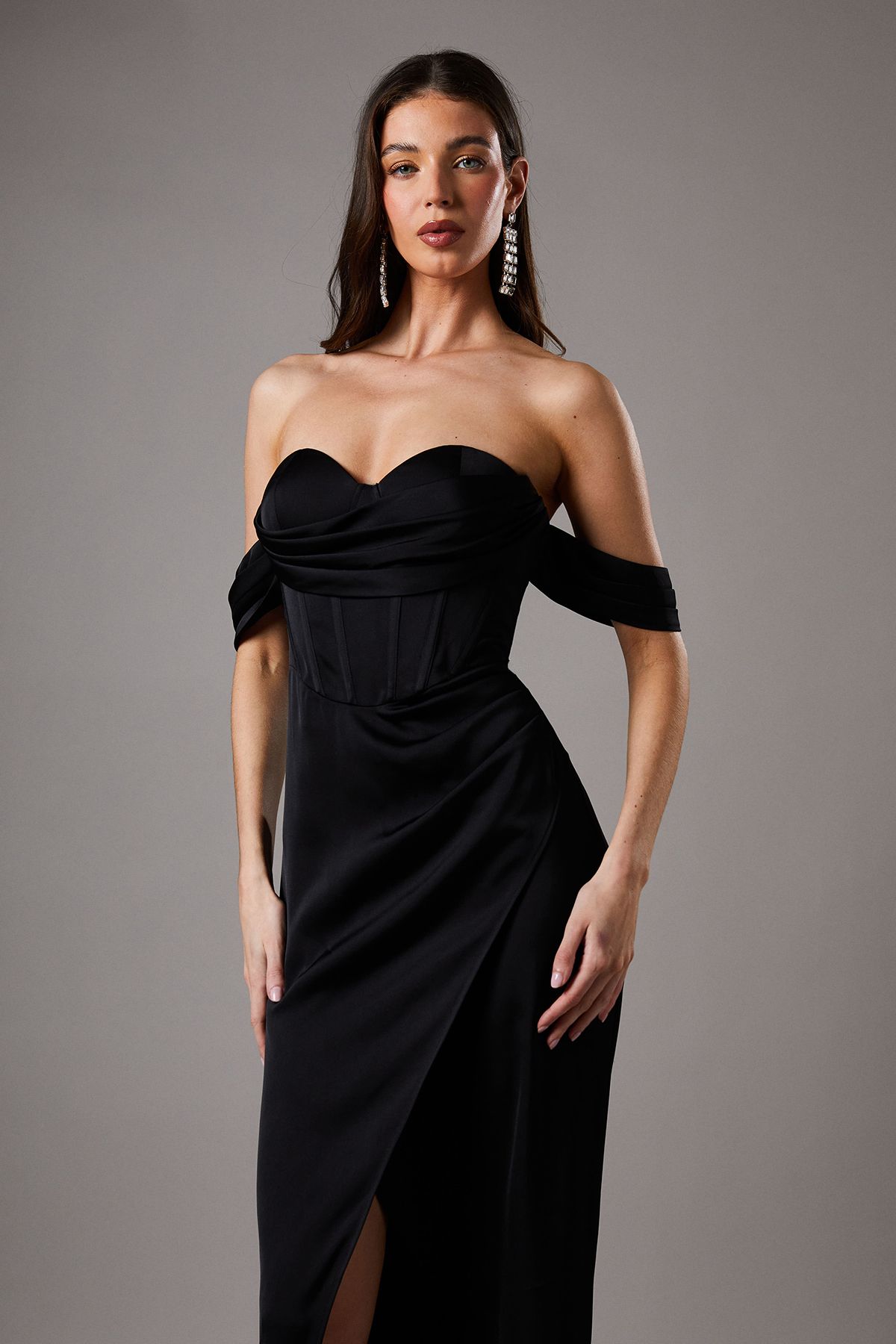Coast Draped Bardot Corset Satin Black Maxi Dress Black image 2