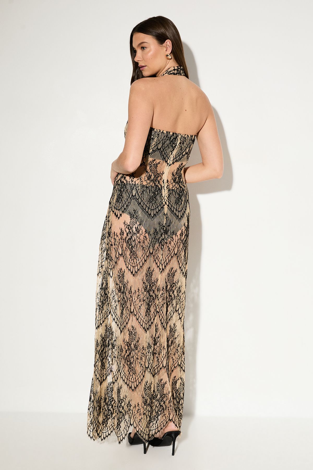 MissPap Premium Sheer Lace Maxi Dress Nude image 3