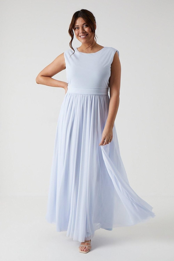 Coast Plus Size Cowl Back Stretch Mesh Bridesmaid Maxi Dress Ice Blue