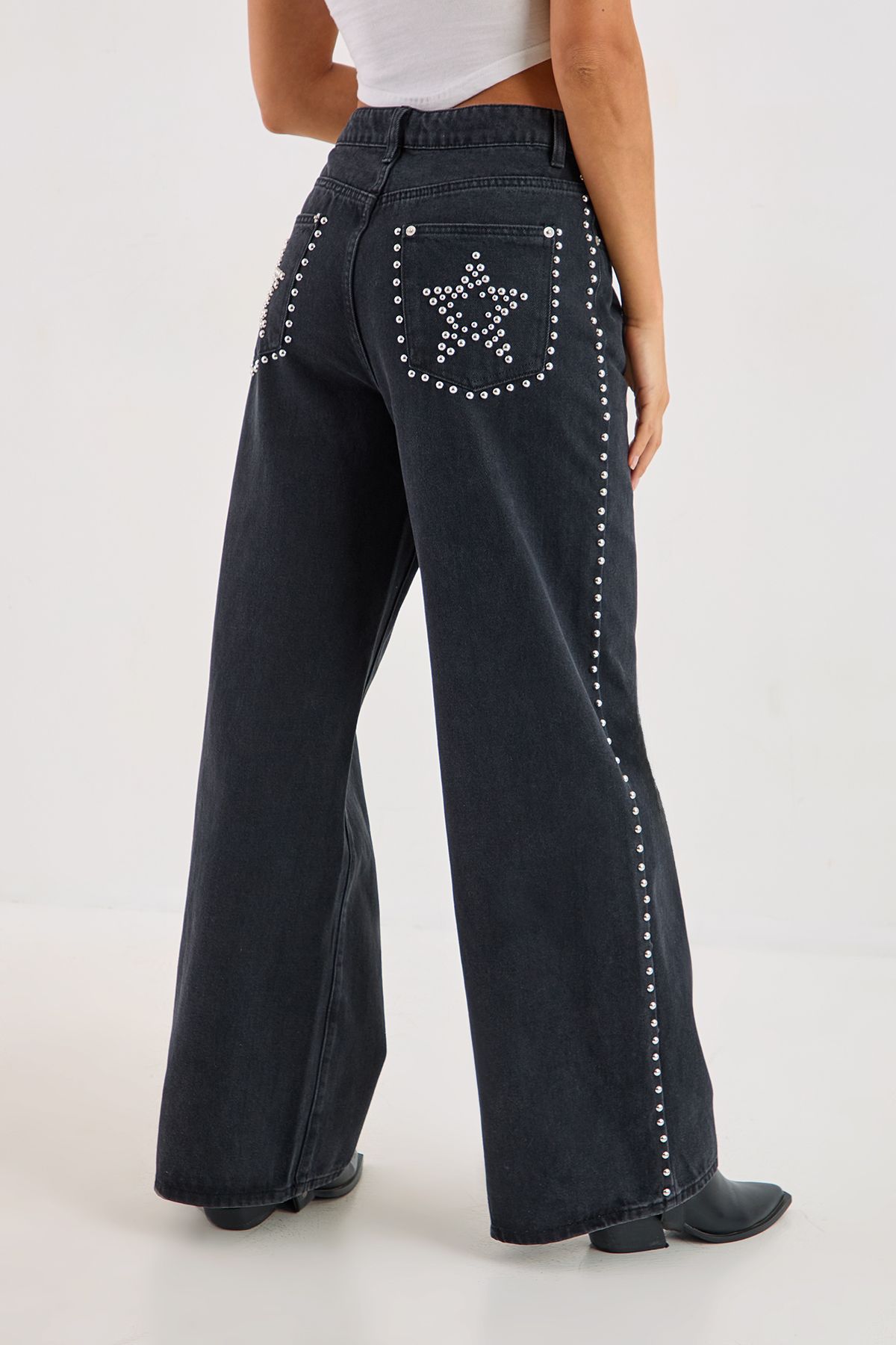 NastyGal Star Studded Baggy Denim Jeans Washed Black image 1