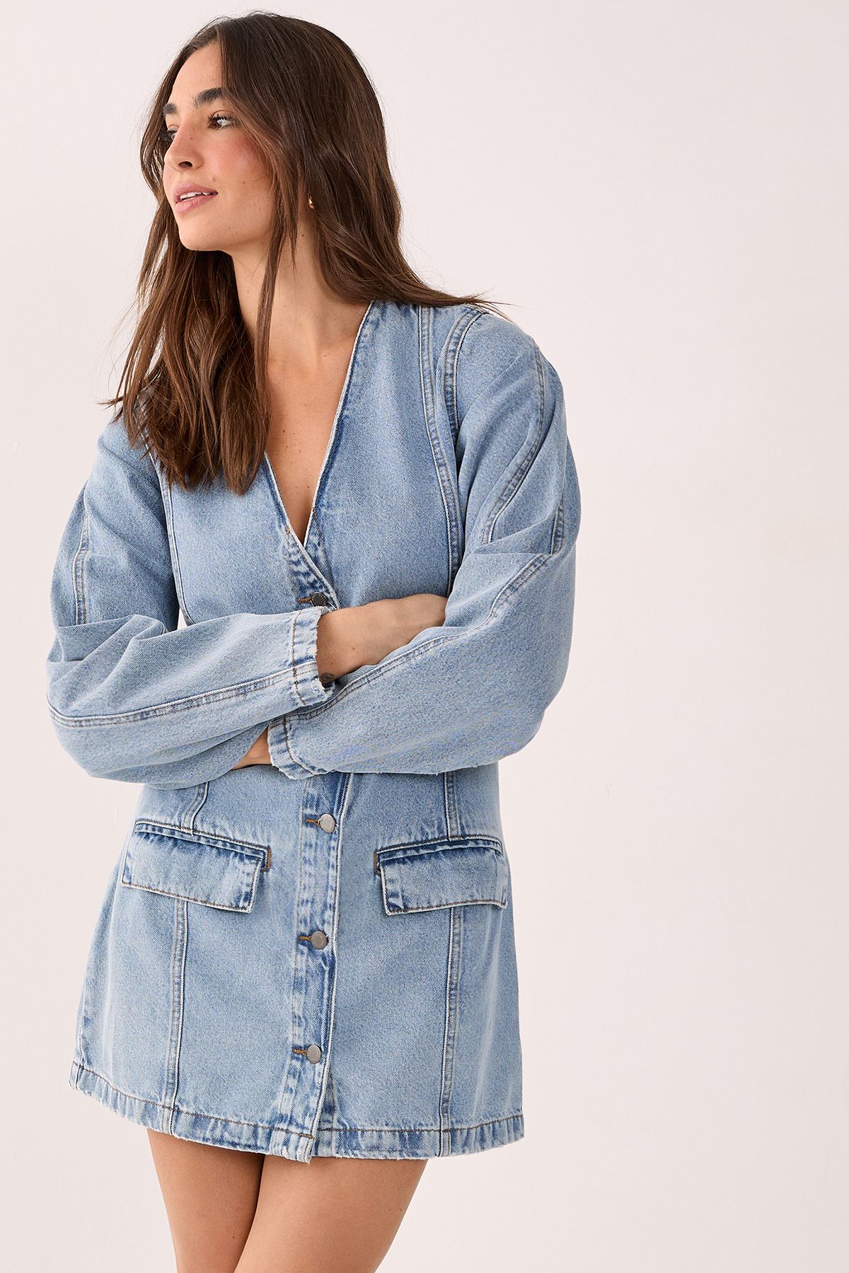 NastyGal Denim Button Through Cocoon Sleeve Mini Dress Vintage Blue image 3