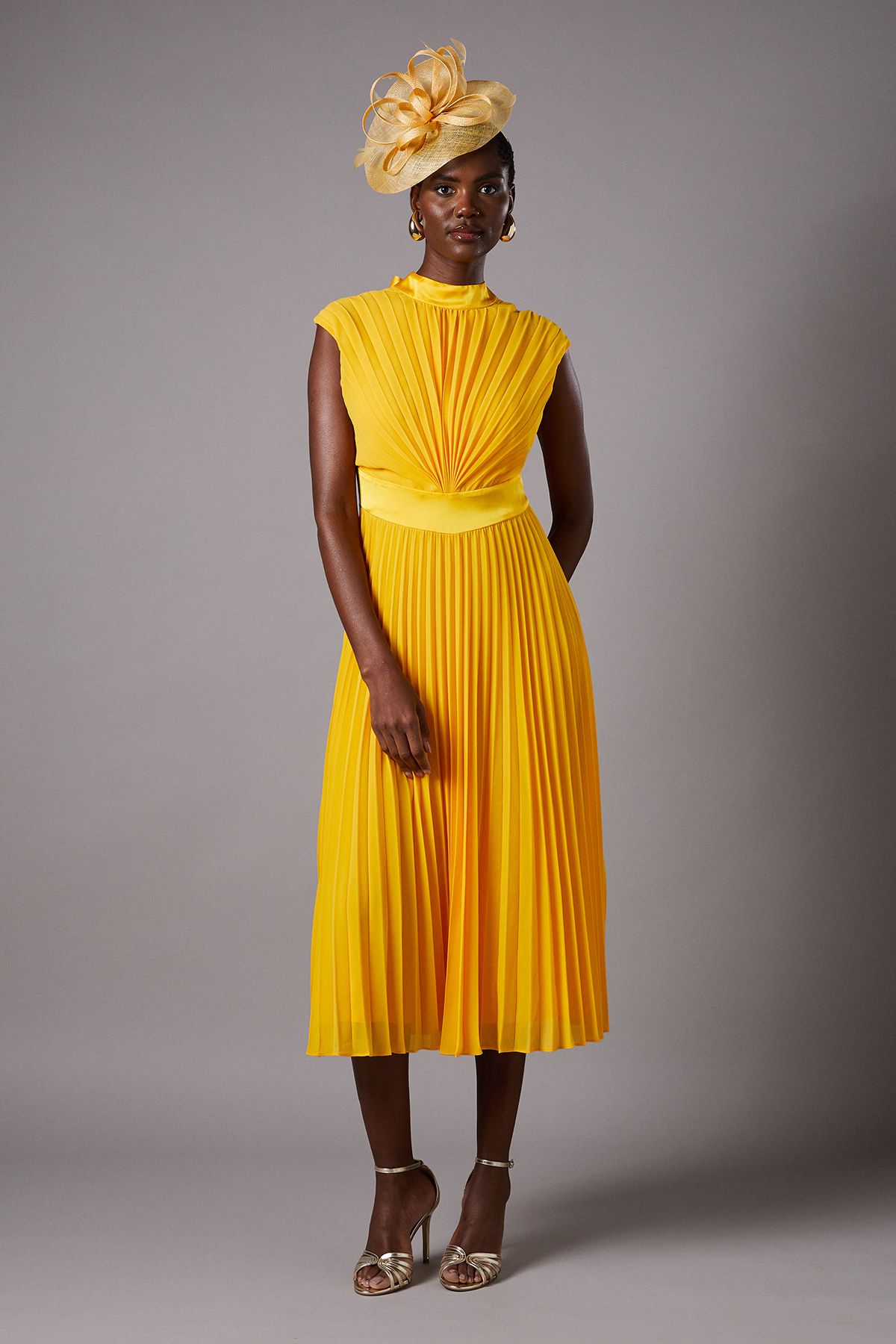 Coast Sleeveless Pleated High Neck Midi Dress Yellow image 1