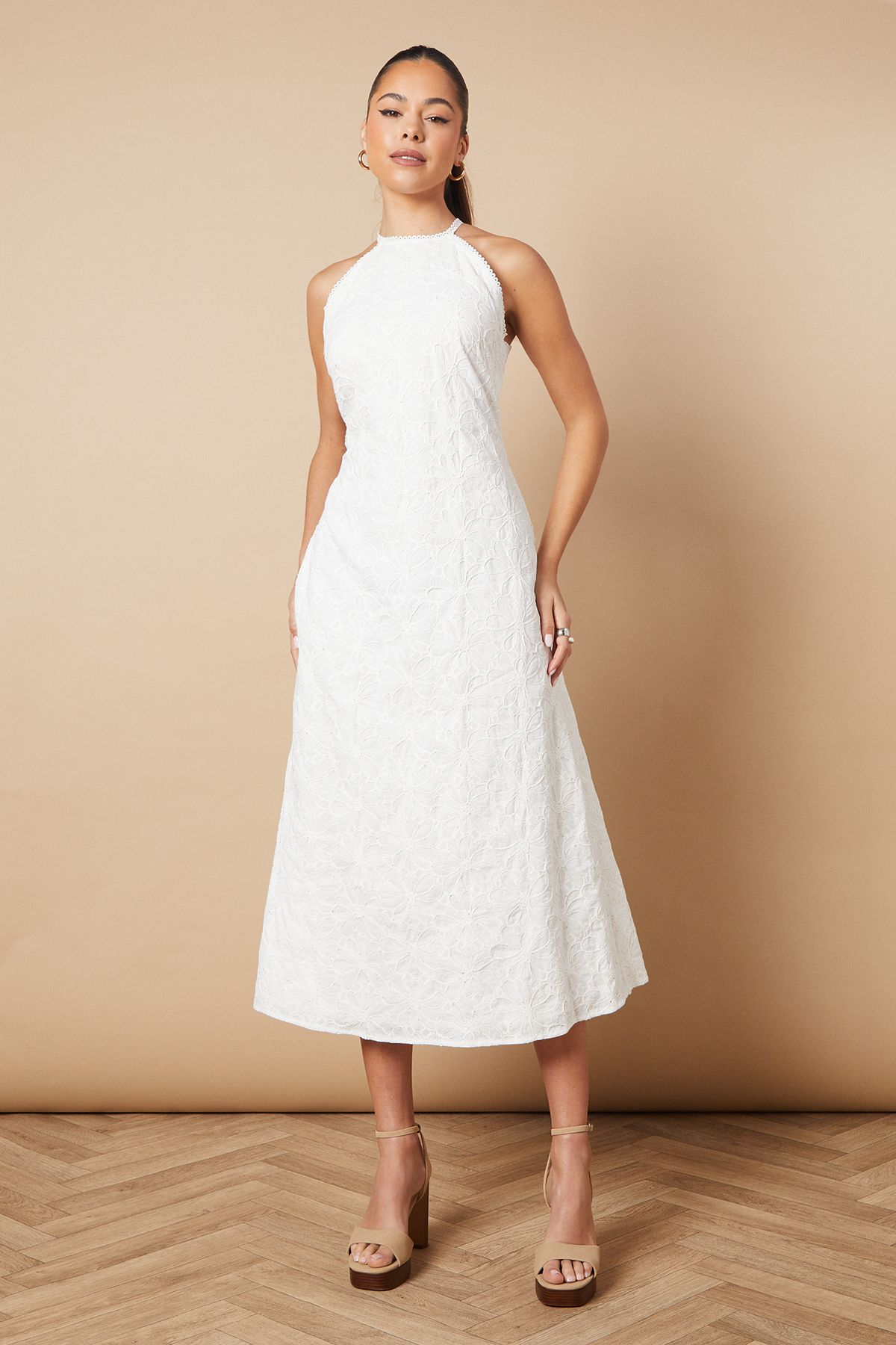 Oasis Floral Lace High Neck Midi Dress White