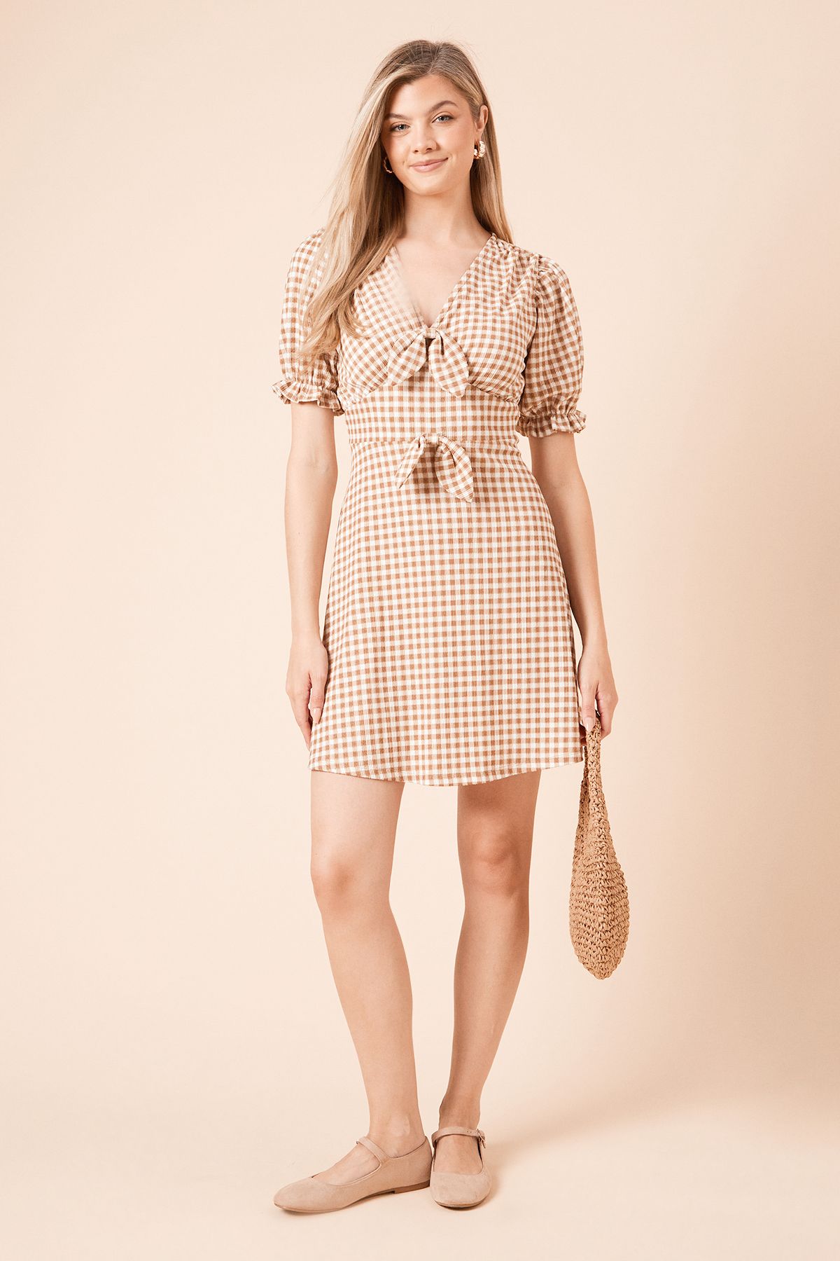 Dorothy Perkins Gingham Bow Front Puff Sleeve Mini Dress Gingham image 1