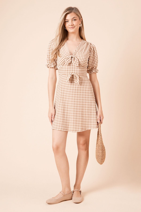 Dorothy Perkins Gingham Bow Front Puff Sleeve Mini Dress Gingham