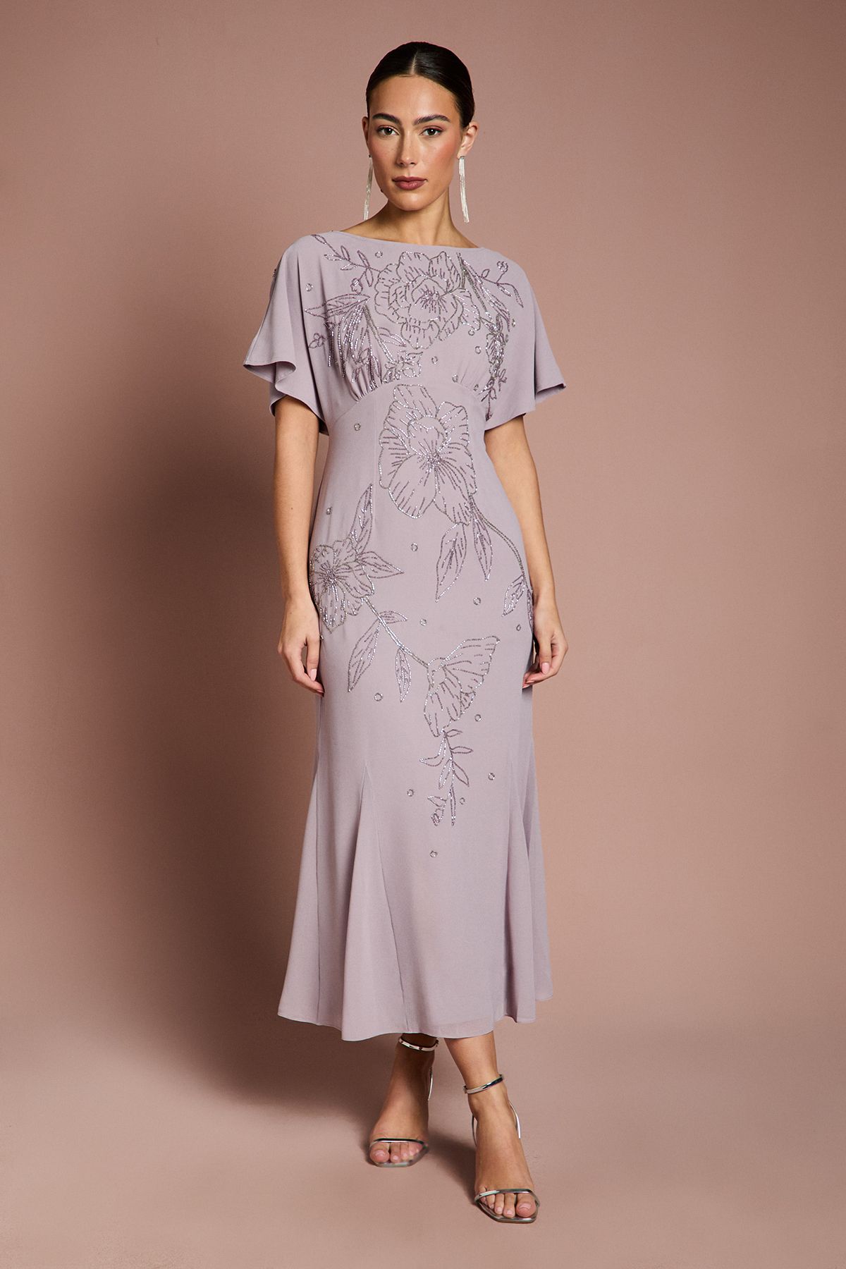 Coast Beaded Batwing Georgette Midi Dress Mauve
