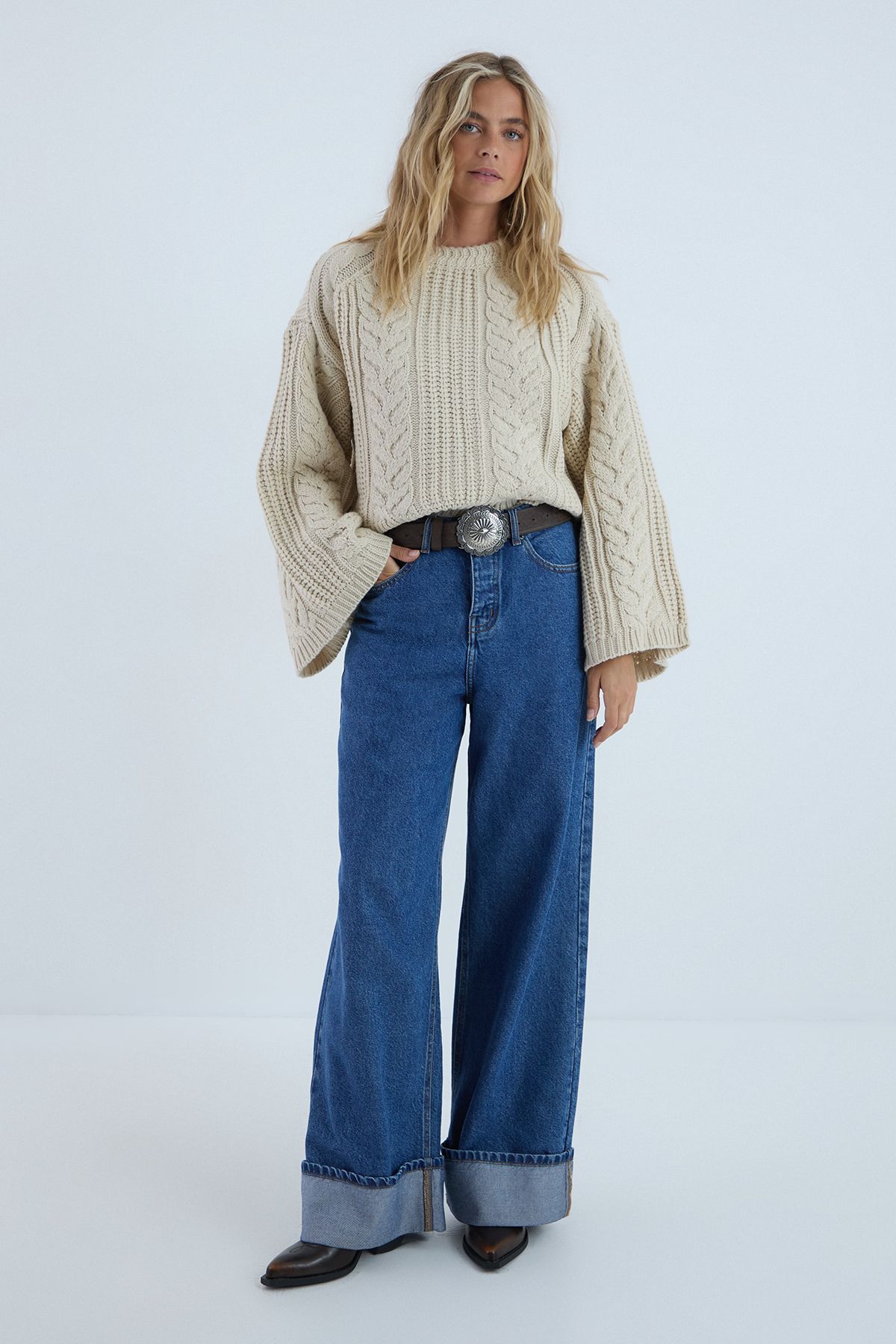 NastyGal Knitted Chunky Cable Wide Sleeve Jumper Oatmeal image 2