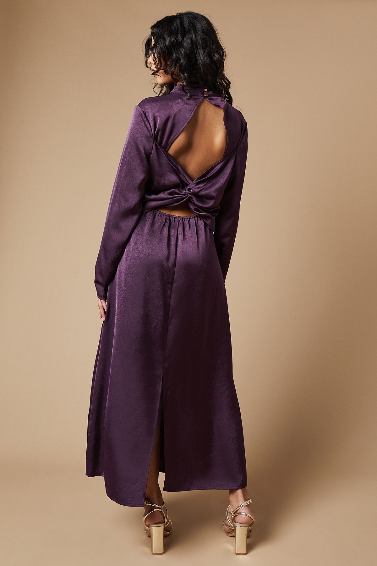 Oasis Petite Satin High Neck Twist Back Midi Dress Purple image 3
