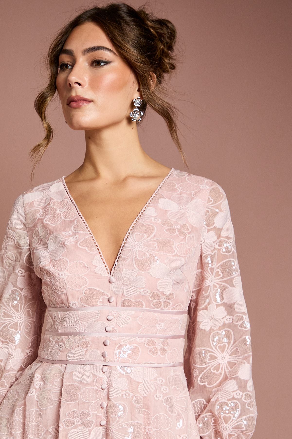 Coast Blouson Sleeve V Neck Sequin Floral Mesh Midaxi Dress Blush image 4