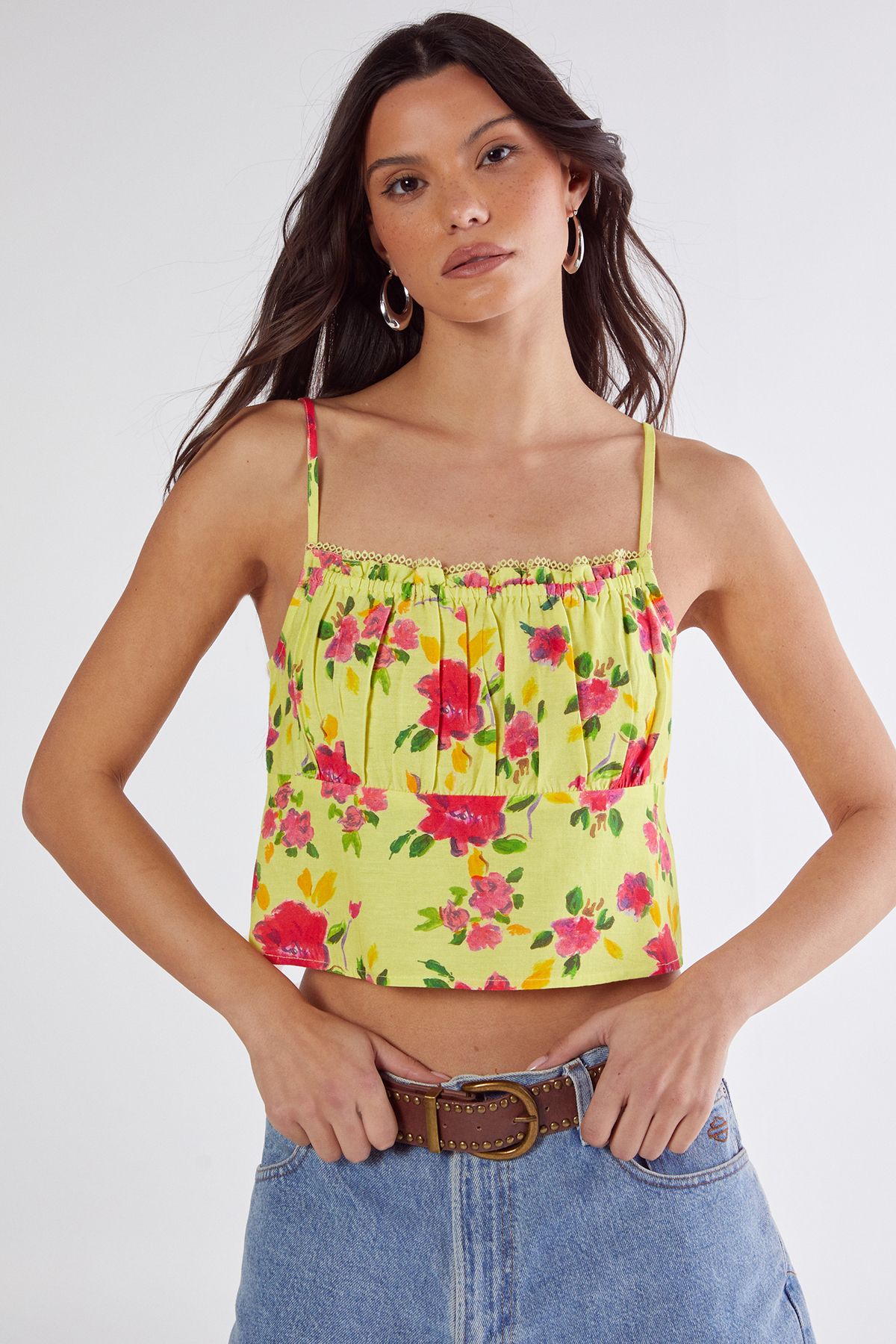 NastyGal Floral Linen Mix Lace Trim Soft Corset Top Lemon image 3