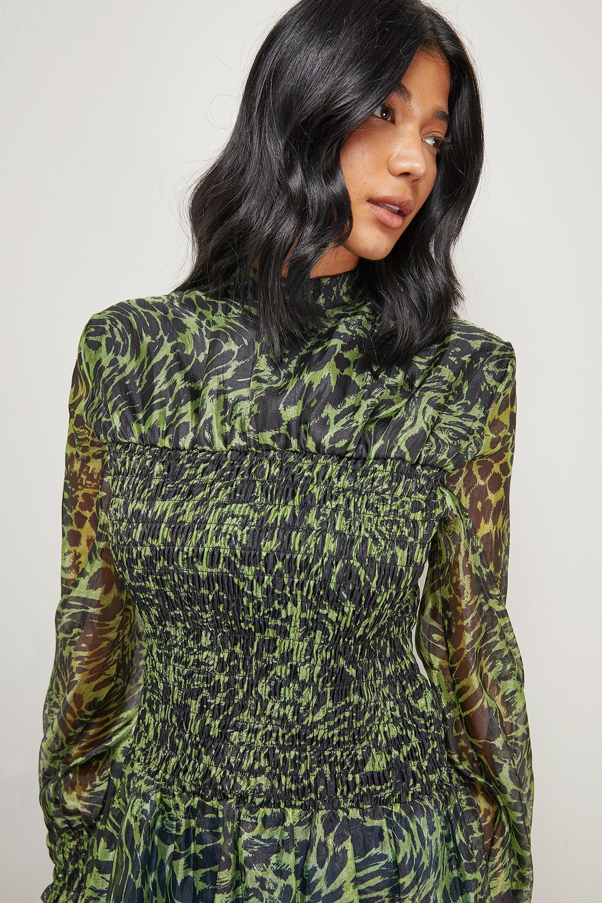 Warehouse Animal Organza Shirring Blouson Sleeve Shirt Lime image 4