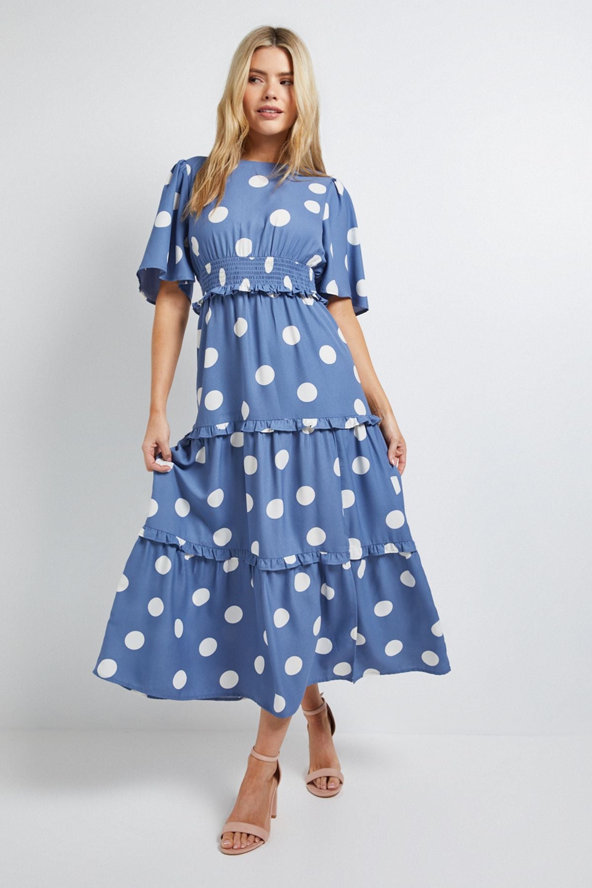 Dorothy Perkins Blue Spot Shirred Waist Angel Sleeve Tiered Maxi Dress Blue image 1