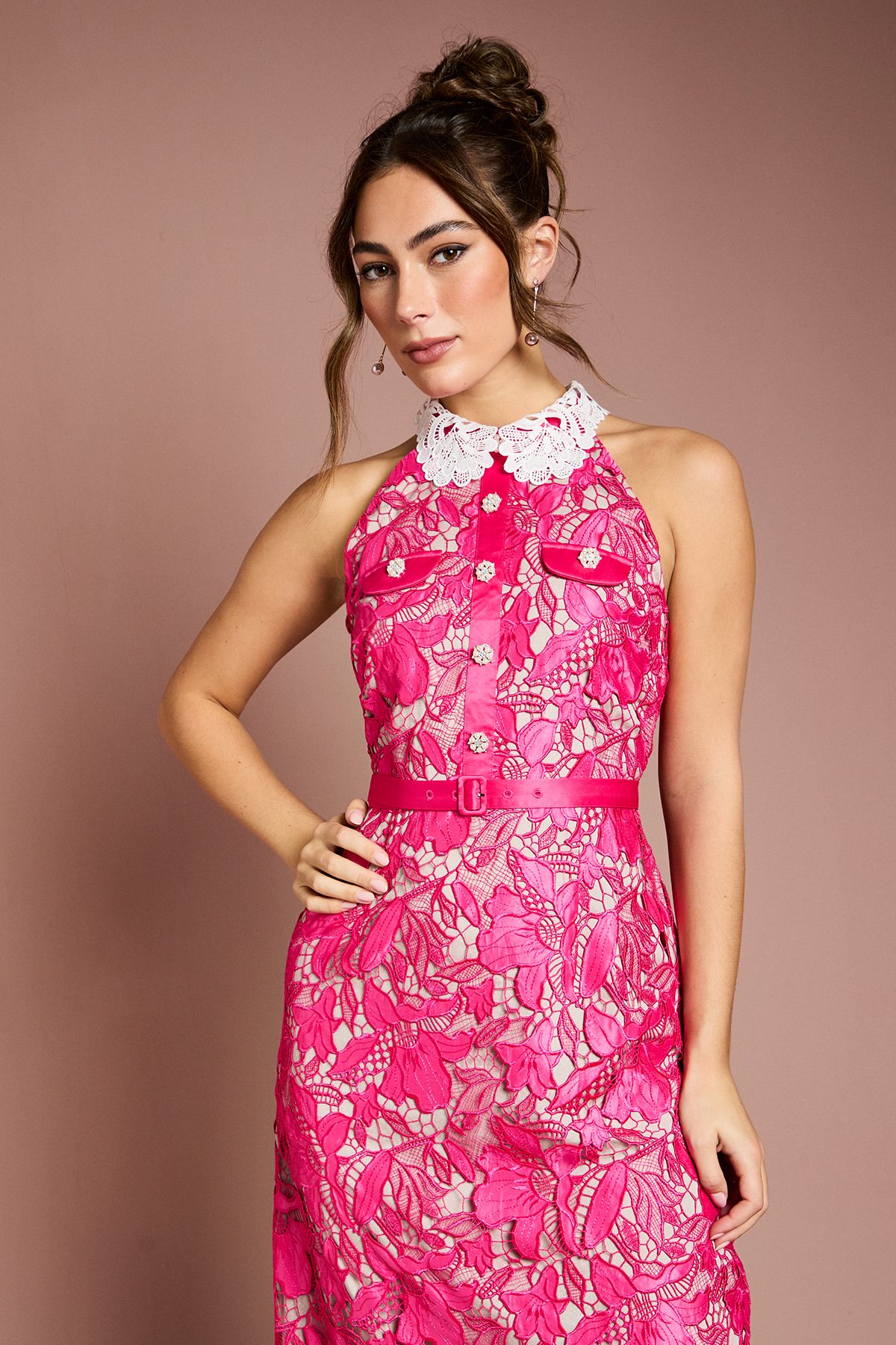 Coast Halter Neck Satin Lace Contrast Collar Midi  Dress Pink image 2