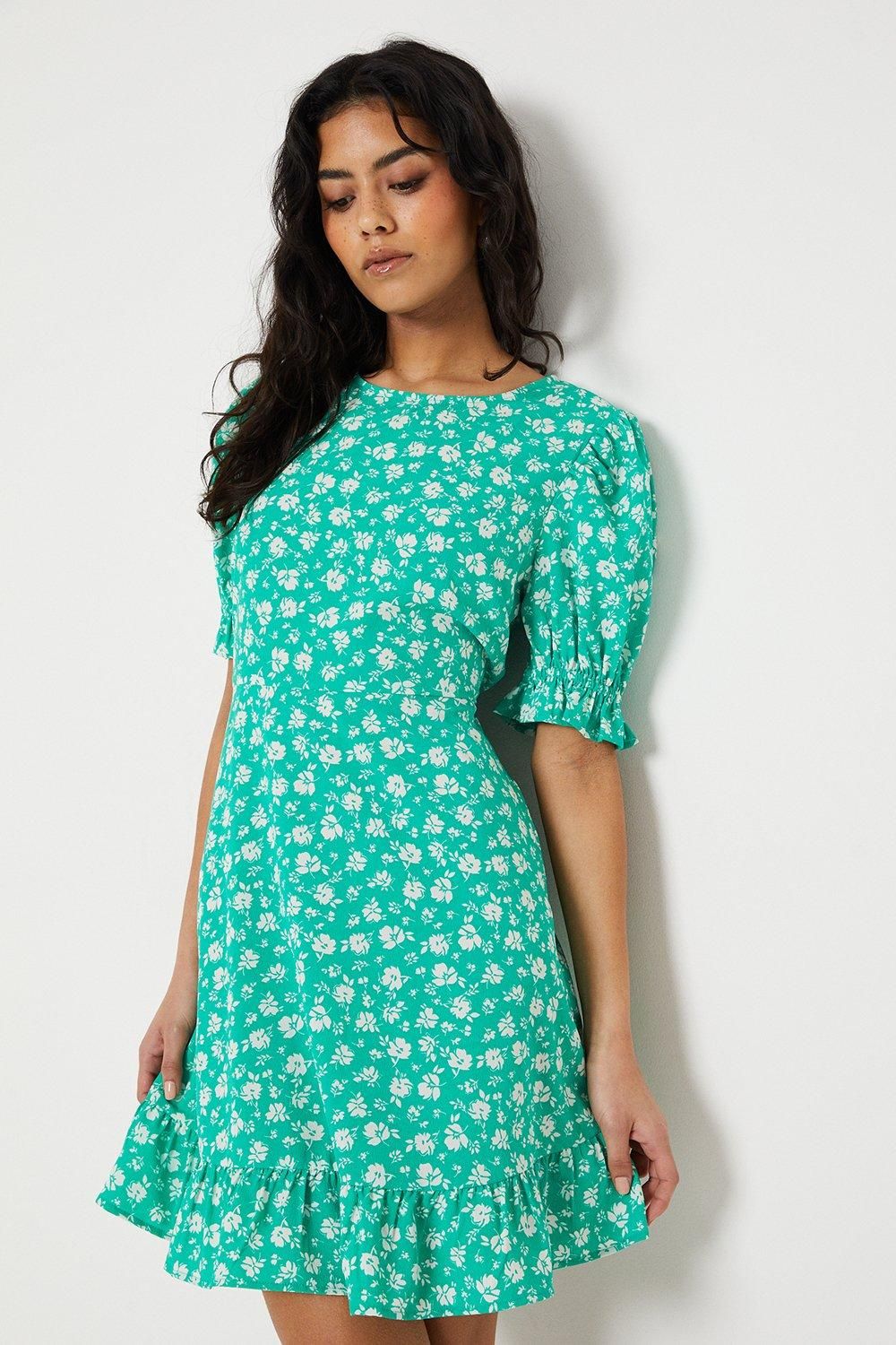 Dorothy Perkins Petite Green Floral Frill Hem Mini Dress Green image 4