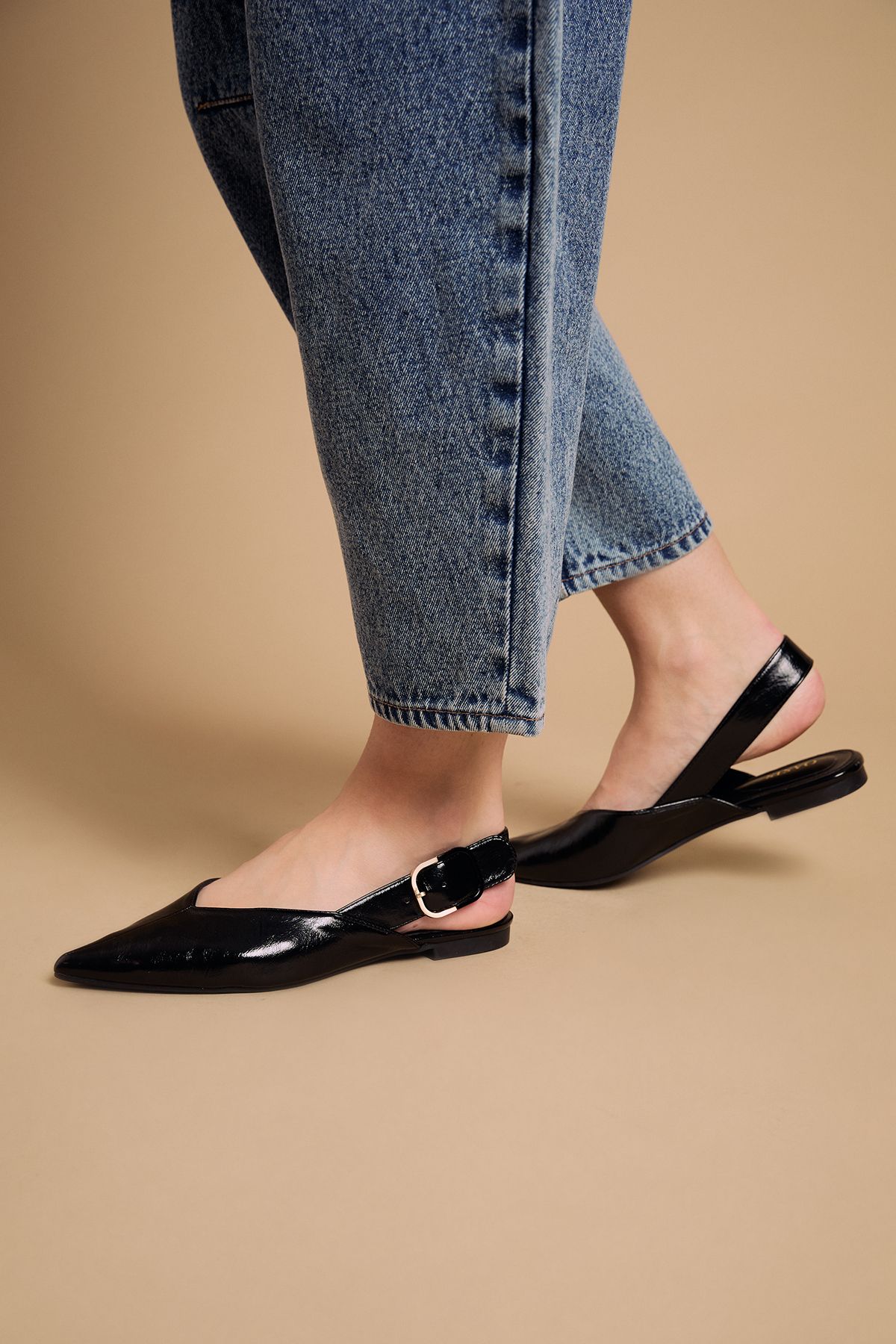 Oasis Sandy Faux Patent Leather Pointed Slingback Buckle Flat Shoes True Black