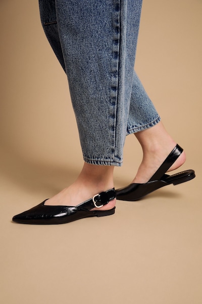 Oasis Sandy Faux Patent Leather Pointed Slingback Buckle Flat Shoes True Black