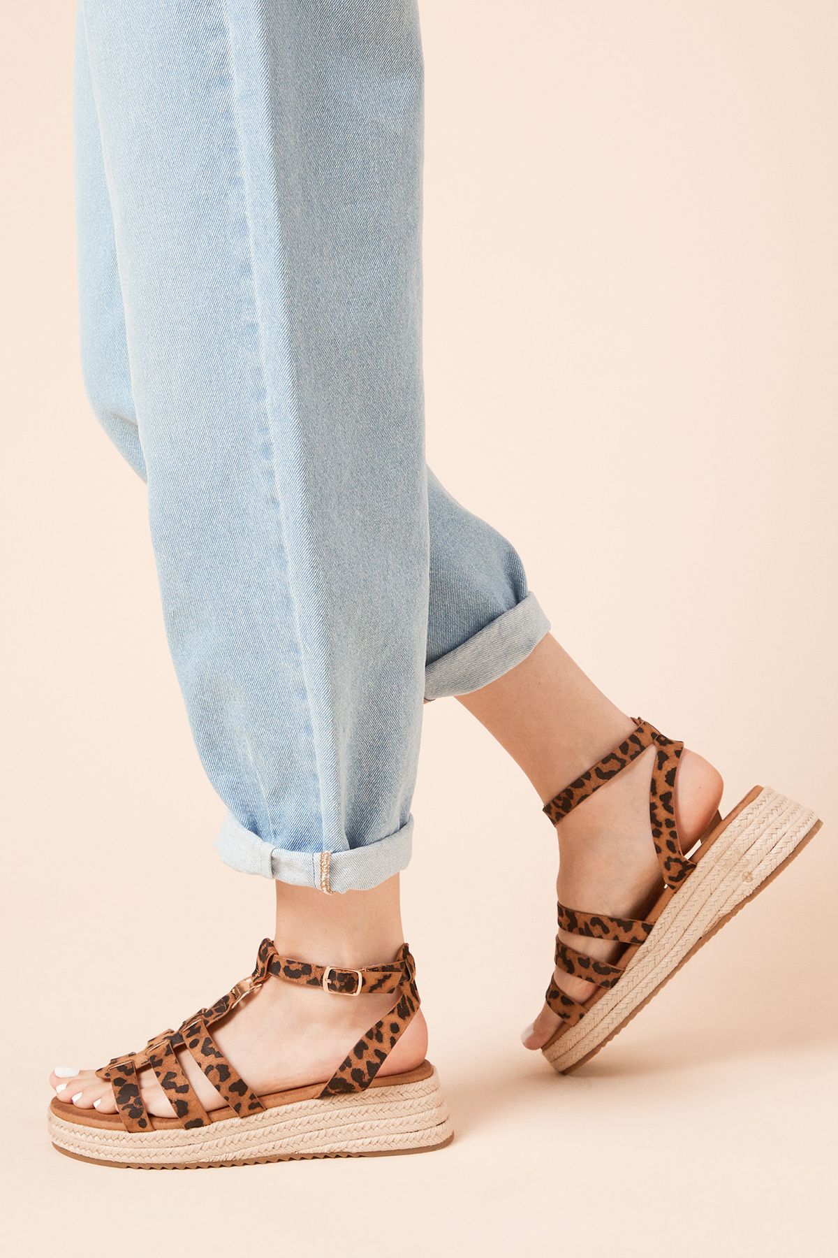 Dorothy Perkins Rover Faux Leopard Print Suede T-bar Espadrille Medium Wedge Sandals Leopard image 3