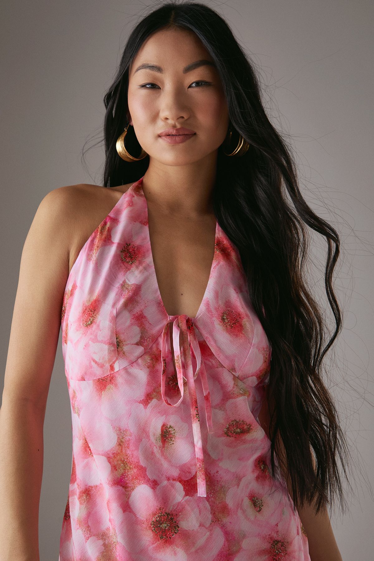 Warehouse Petite Chiffon Bias Tie Front Low Back Halter Midi Dress Pink image 4