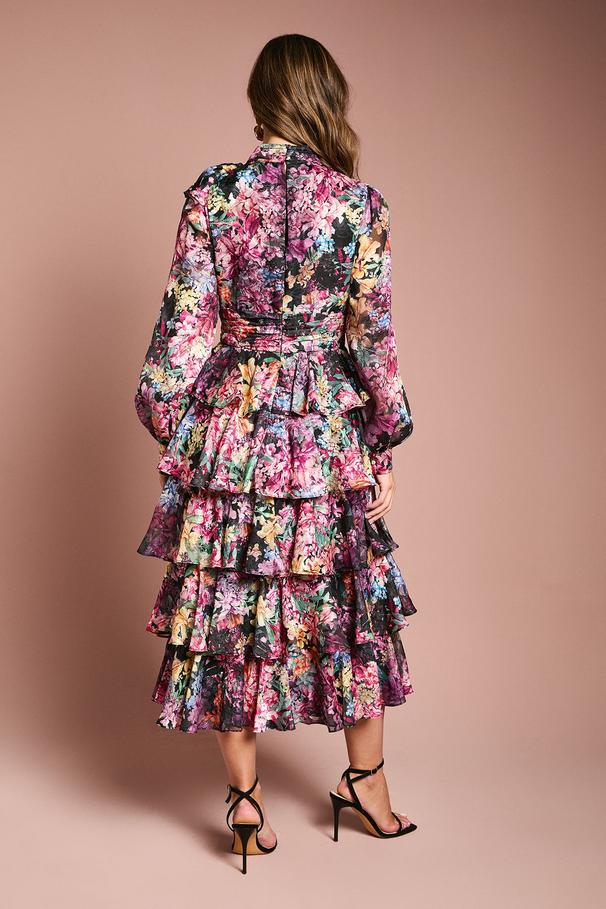 Coast Long Sleeve Printed Chiffon Midaxi Dress With Tiered Skirt Multi image 4