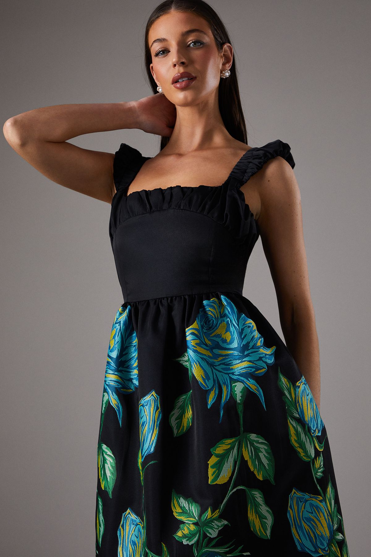 Coast Embroidered Floral Hem Dress With Puff Sleeve Black image 4