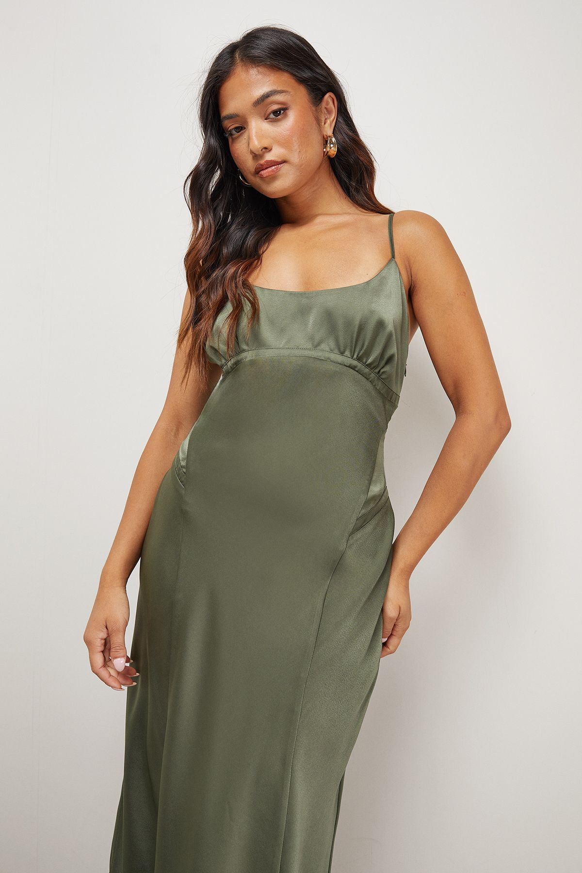 Warehouse Petite Satin Tie Bust Seam Strappy Midi Slip Dress Dark Olive image 4
