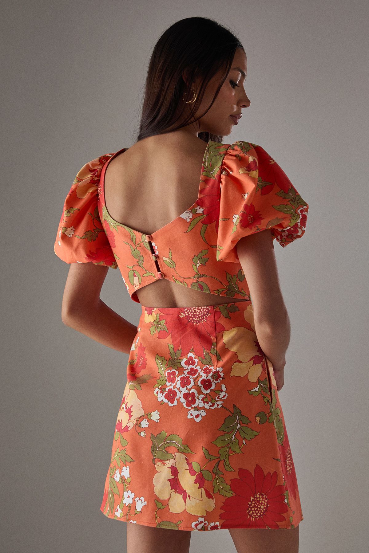 Warehouse HCD Floral Linen Square Neck Puff Sleeve Mini Dress Floral image 3