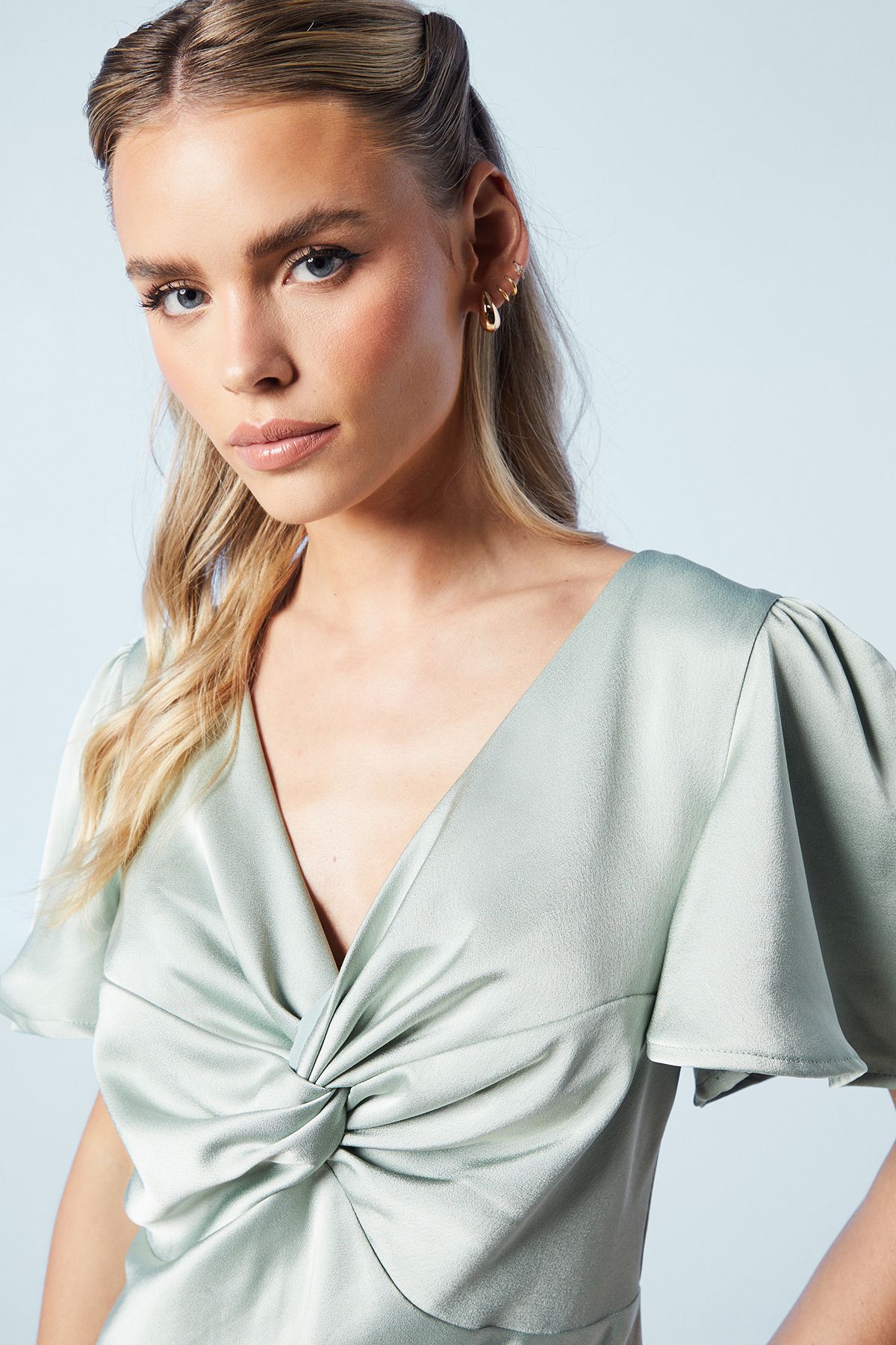 Oasis Petite Twist Front Angel Sleeve Maxi Bridesmaid Dress Sage image 4