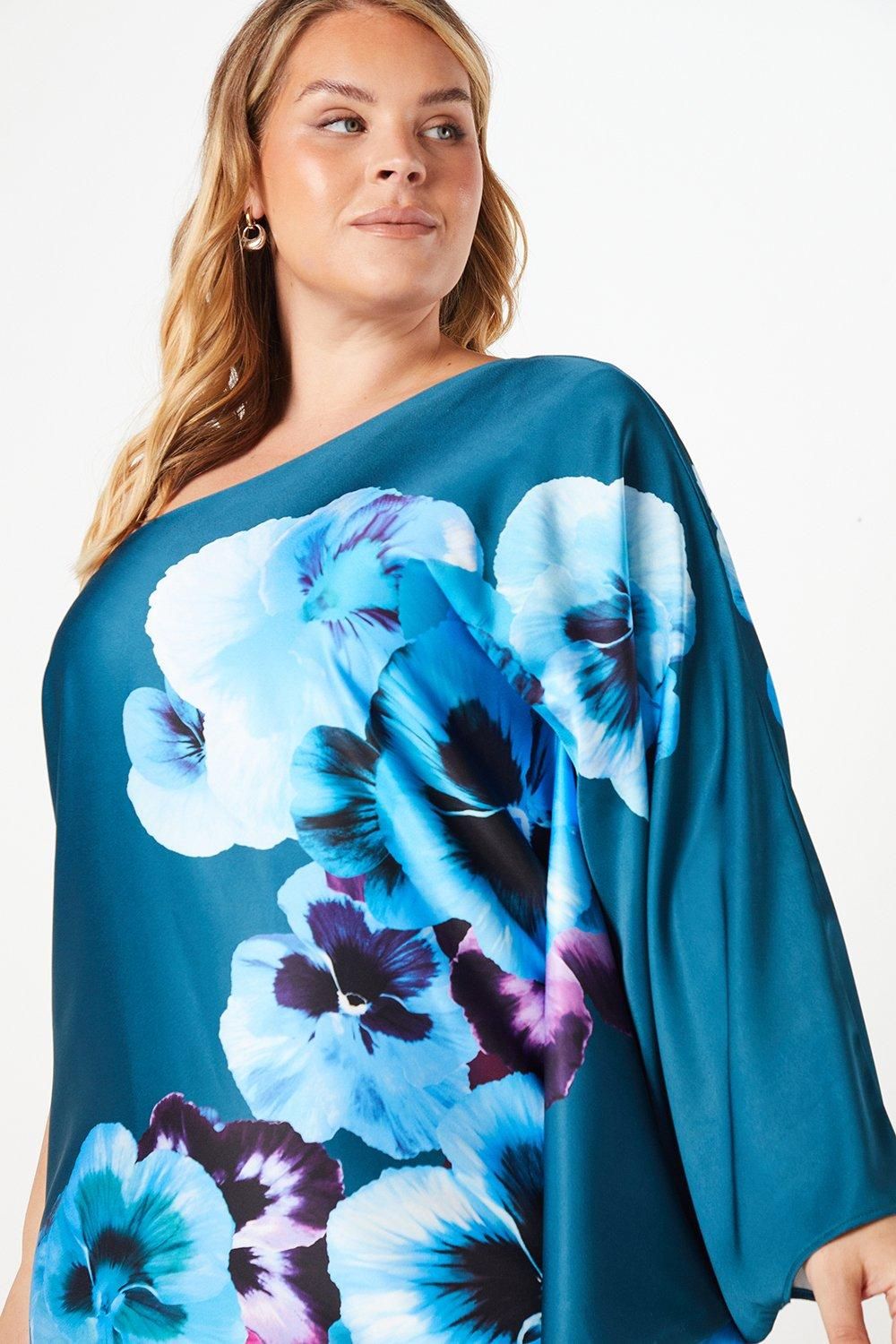 Coast Plus One Shoulder Printed Satin Dress Teal image 4